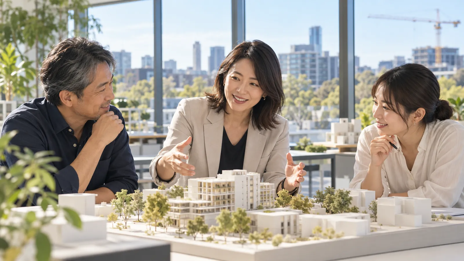 オーストラリアの明るい設計事務所で、建築模型を囲んで話し合う日本人の男女三人。