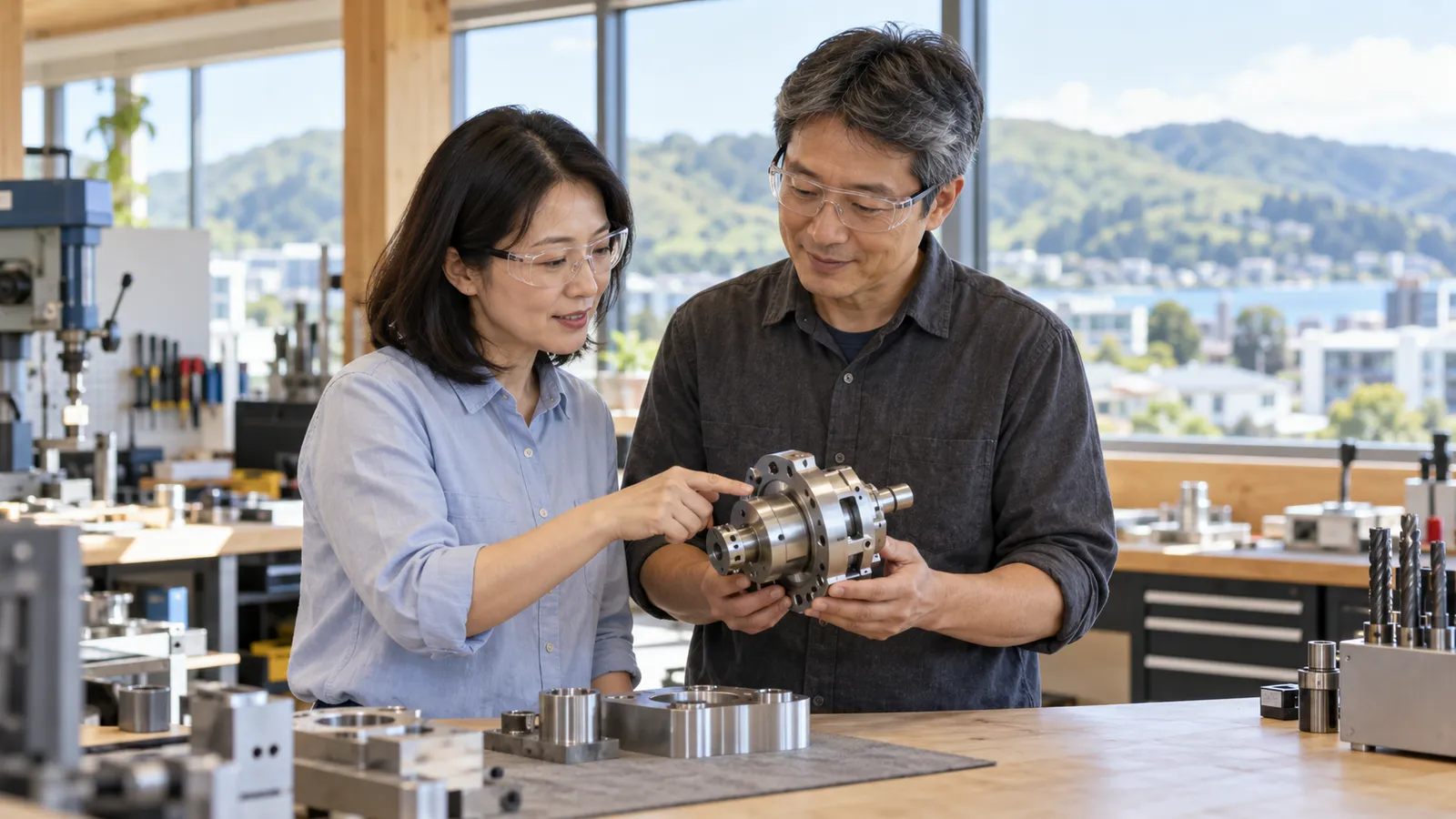 ニュージーランドの明るい工房で、機械部品を確認する日本人の男女。