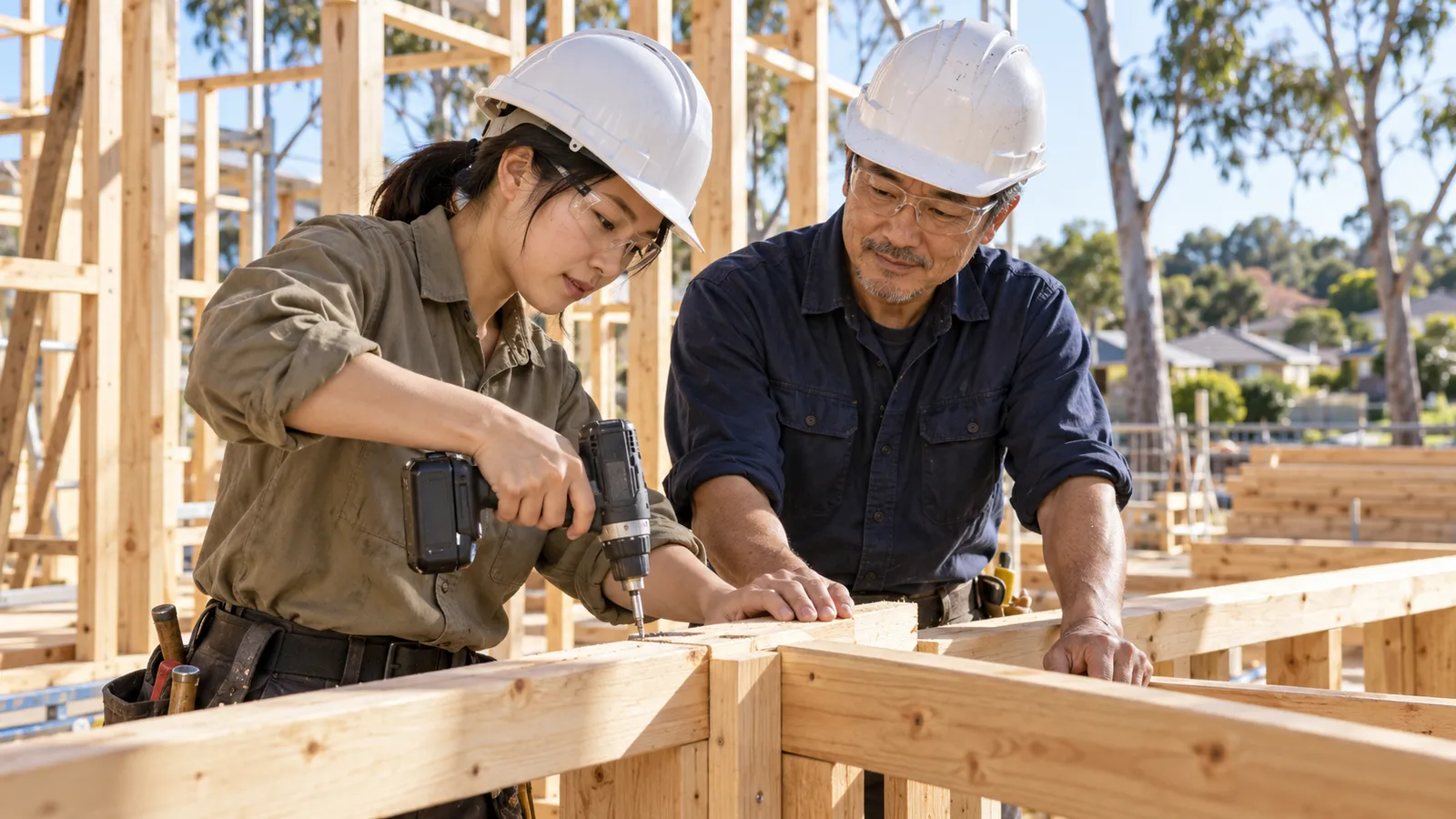 オーストラリアの住宅建設現場で、木材を支え合いながら作業する日本人の男女。