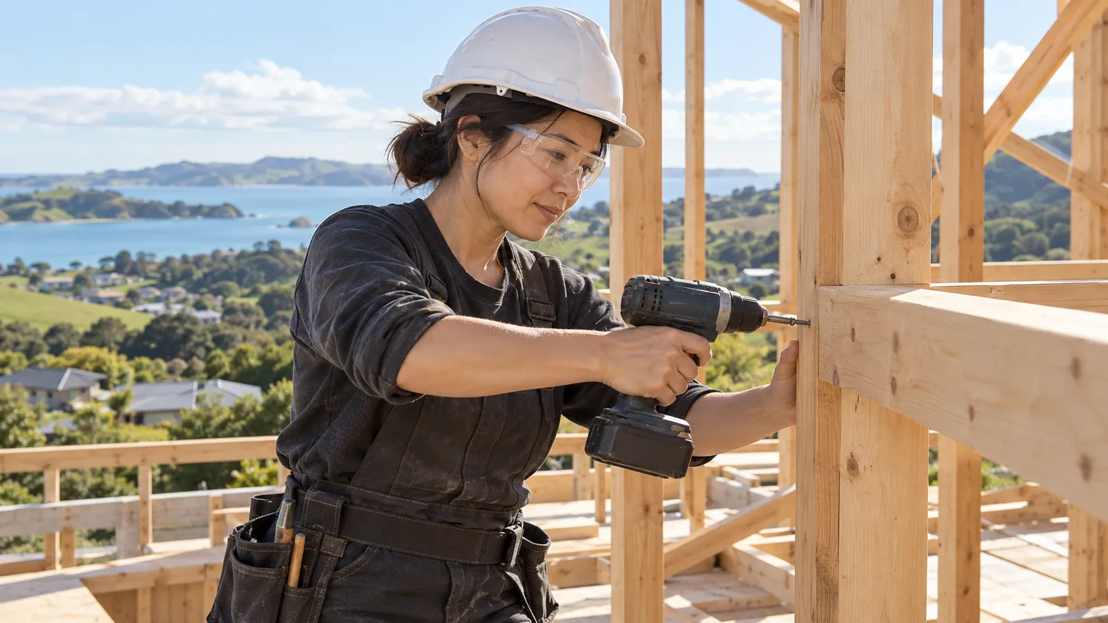 ニュージーランドの海を望む住宅建設現場で、電動工具を使う日本人女性の大工。