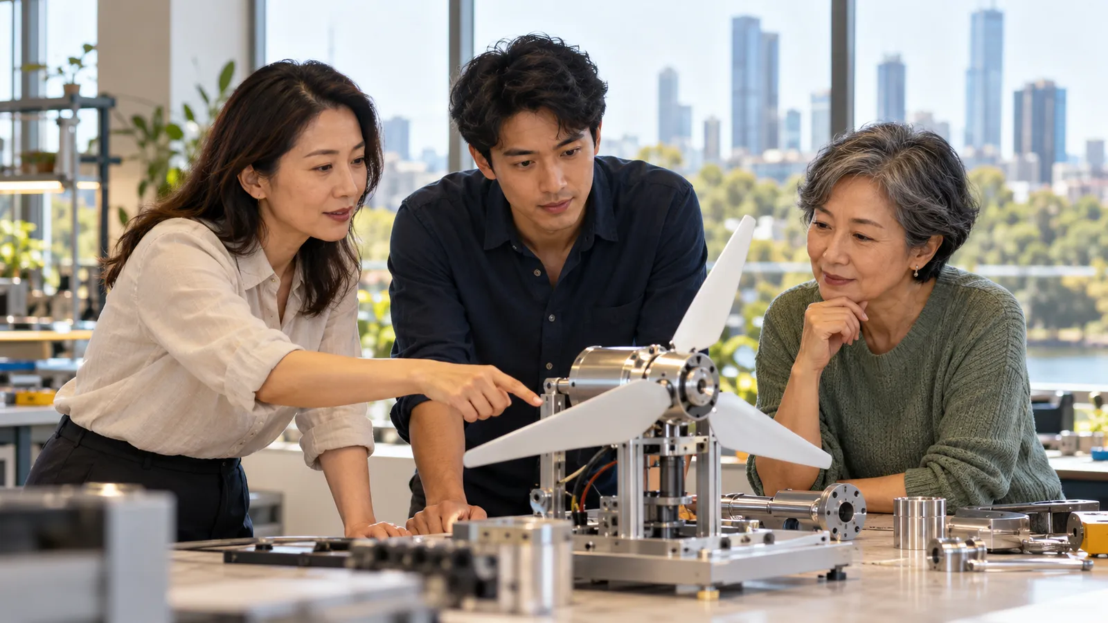 都市を望む明るい職場で、小型風力発電機の試作品を囲んで話し合う男女三人。