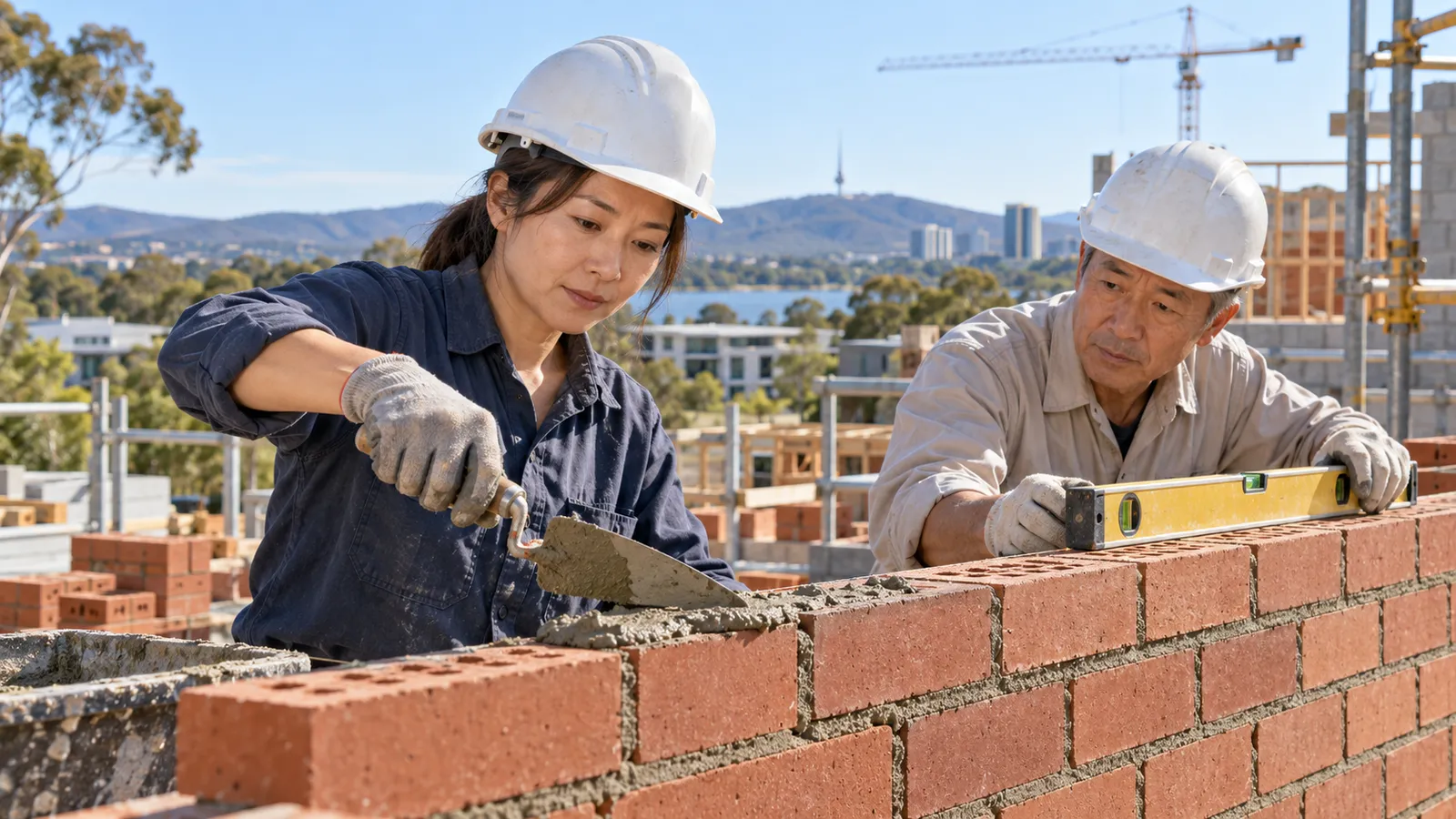 キャンベラの建設現場で、れんがを積む日本人女性と水平を確認する年配の日本人男性。