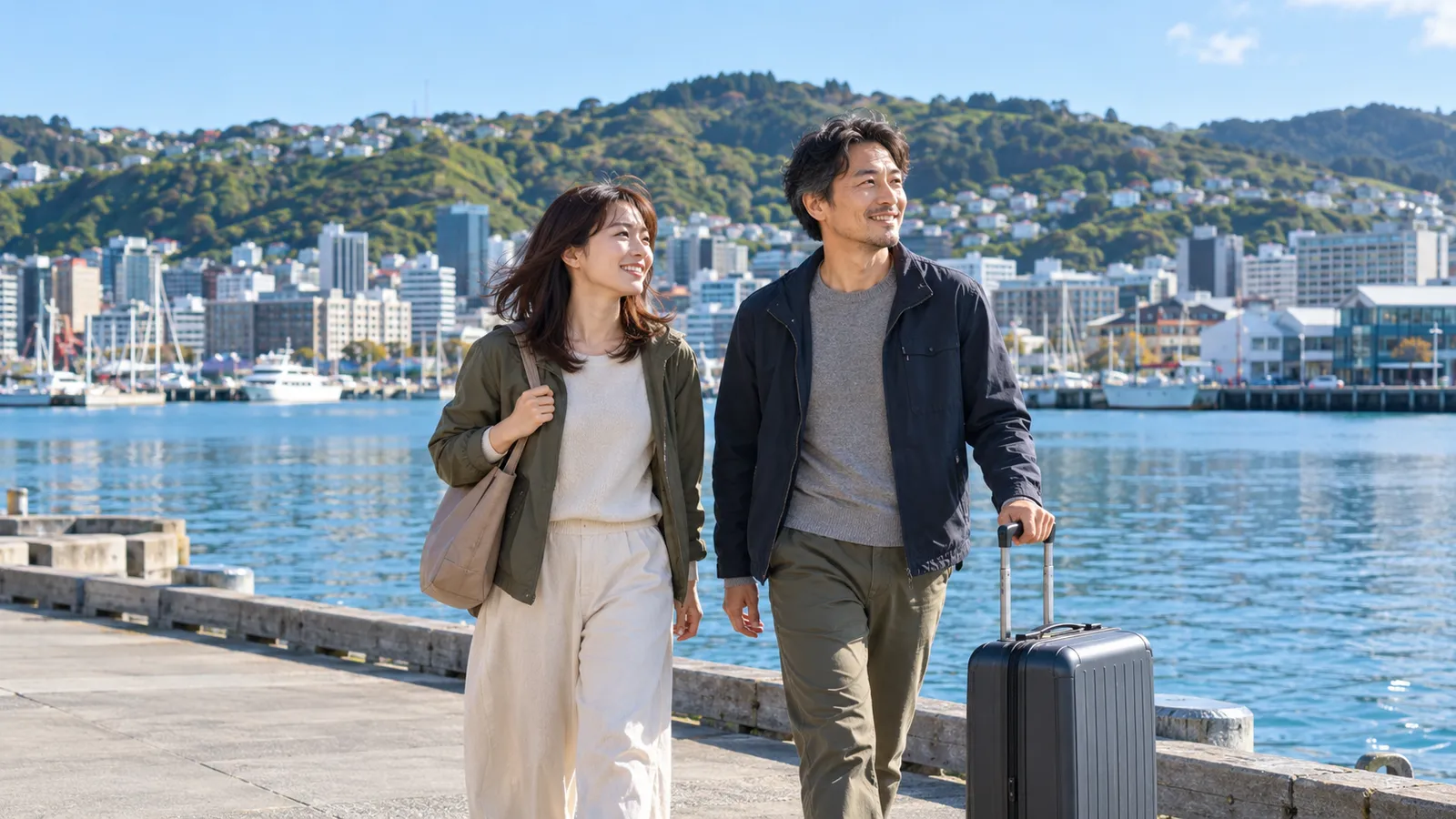 青い港と緑の丘を背景に、スーツケースを引いてウェリントンの海沿いを歩く男女。