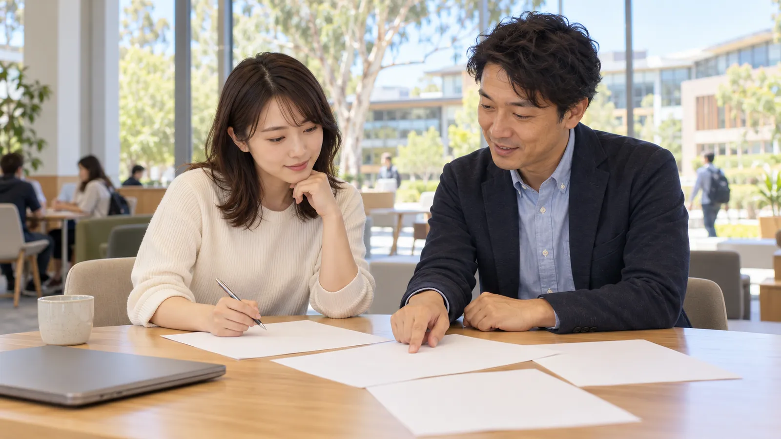 明るい大学のラウンジで、日本人女性が男性相談員と書類を確認している。