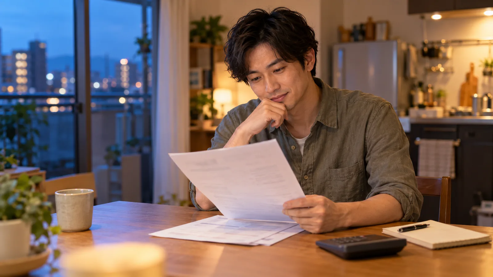 夕暮れの大阪の自宅で、電卓とペンをそばに置き、仕事のオファー書類を読む日本人男性。