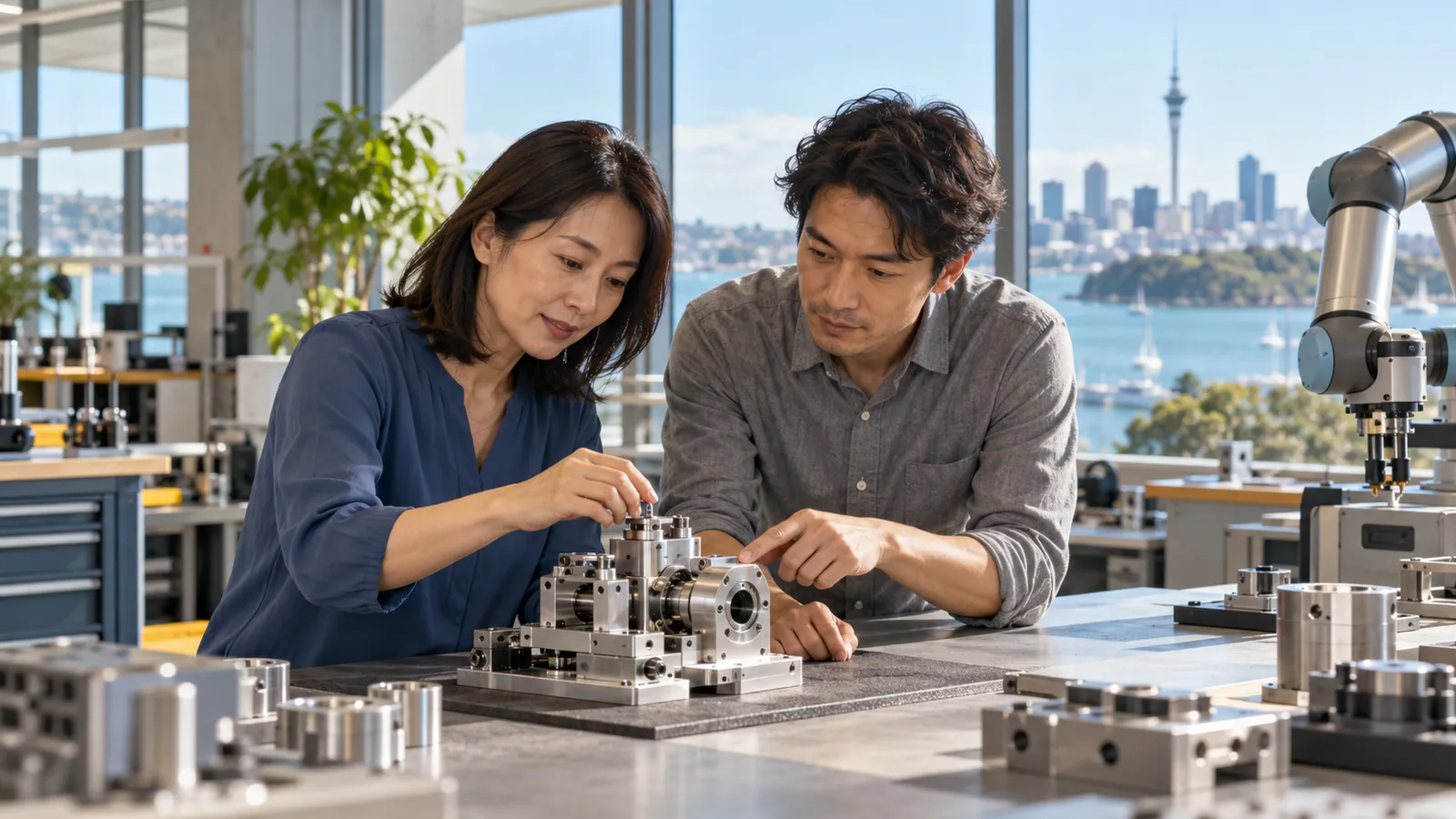 オークランドの港を望む工房で、ロボットアームの隣で機械部品を確認する日本人技術者の男女。