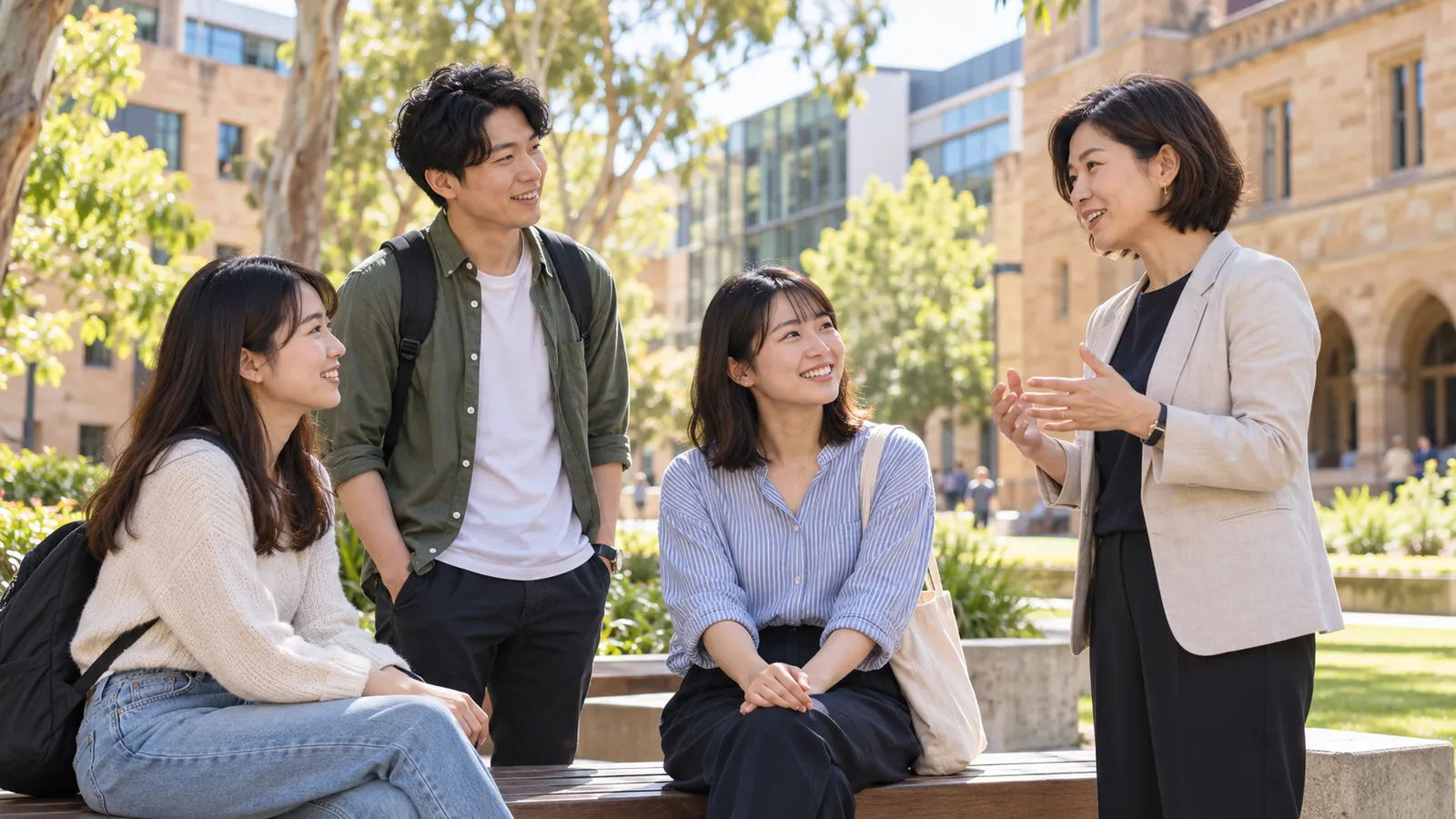 日差しが注ぐオーストラリアの大学の中庭で、学生たちと女性講師が談笑する。