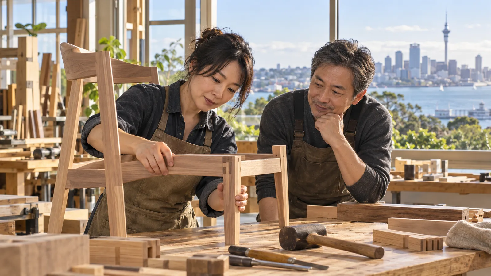 オークランドの港を望む明るい木工工房で、椅子を組み立てる日本人の男女。