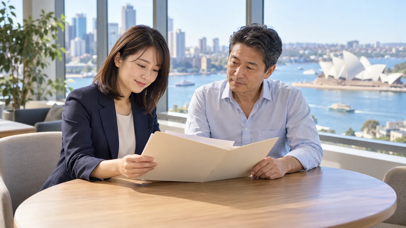 シドニー港を望む明るいオフィスで、資料を一緒に確認する日本人の男女。