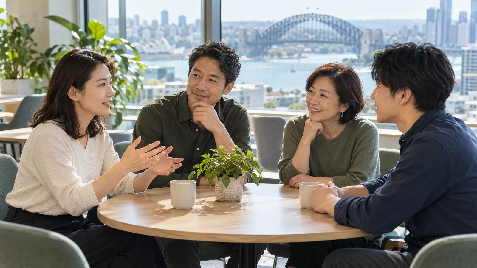 シドニー港を望む明るいオフィスで、円卓を囲んで話し合う日本人の男女4人。