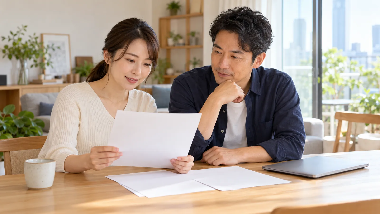 明るい自宅のテーブルで白い書類を一緒に確認する日本人の男女。