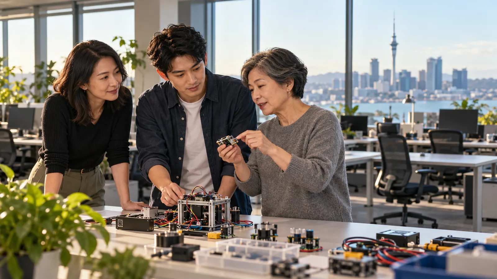 オークランドの明るい職場で電子機器を囲み、話し合う日本人の男女３人。