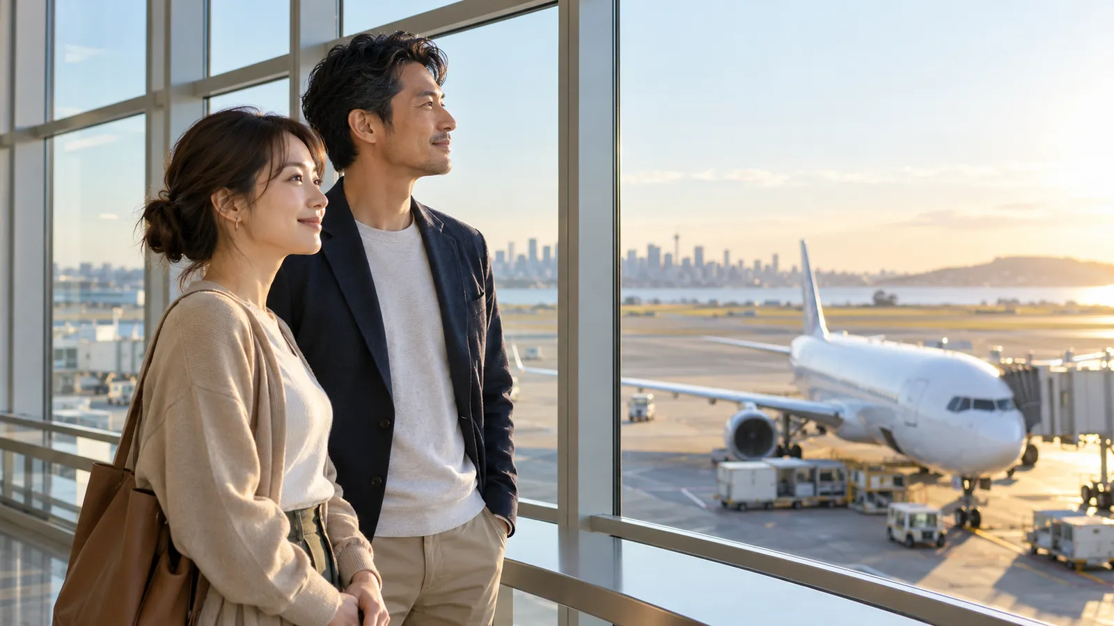 空港の大きな窓辺で、駐機中の飛行機を穏やかに眺める日本人の男女。