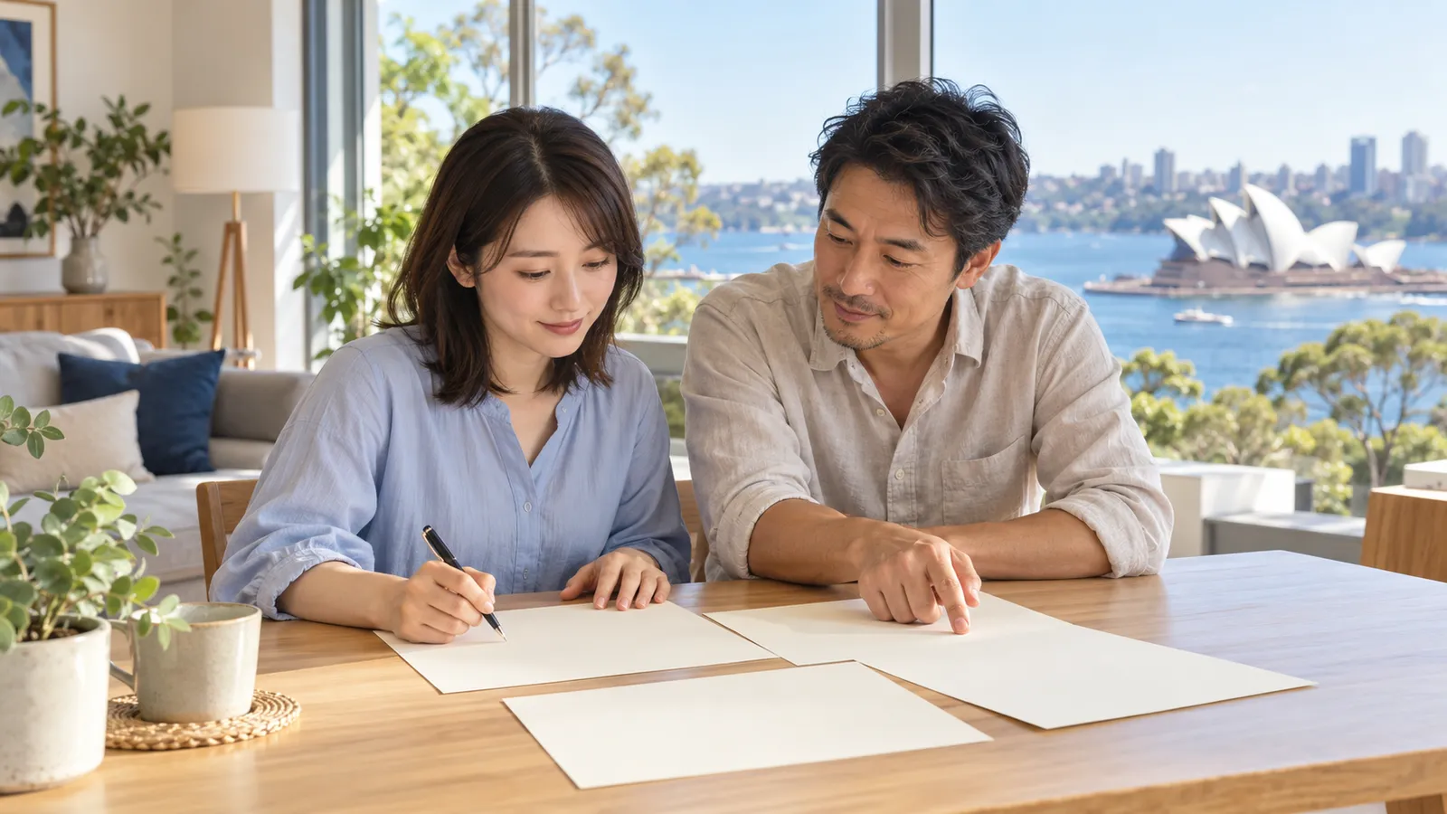 シドニー湾を望む明るい室内で、白い用紙を前に相談する日本人の男女。