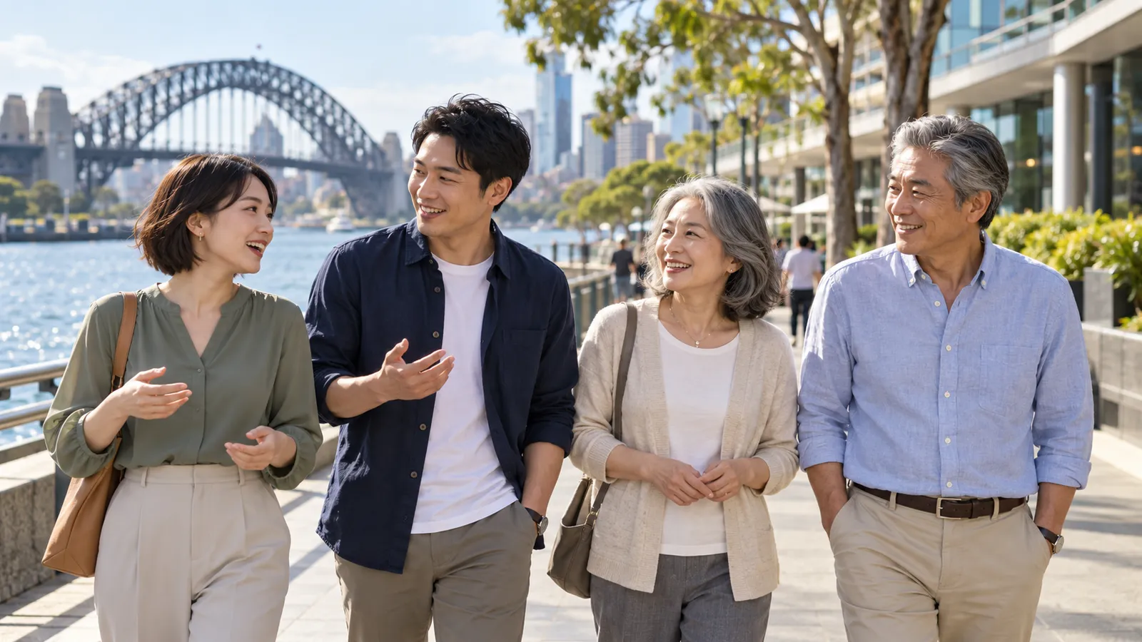 シドニーの港沿いを、世代の異なる日本人の男女４人が笑顔で語らいながら歩く。