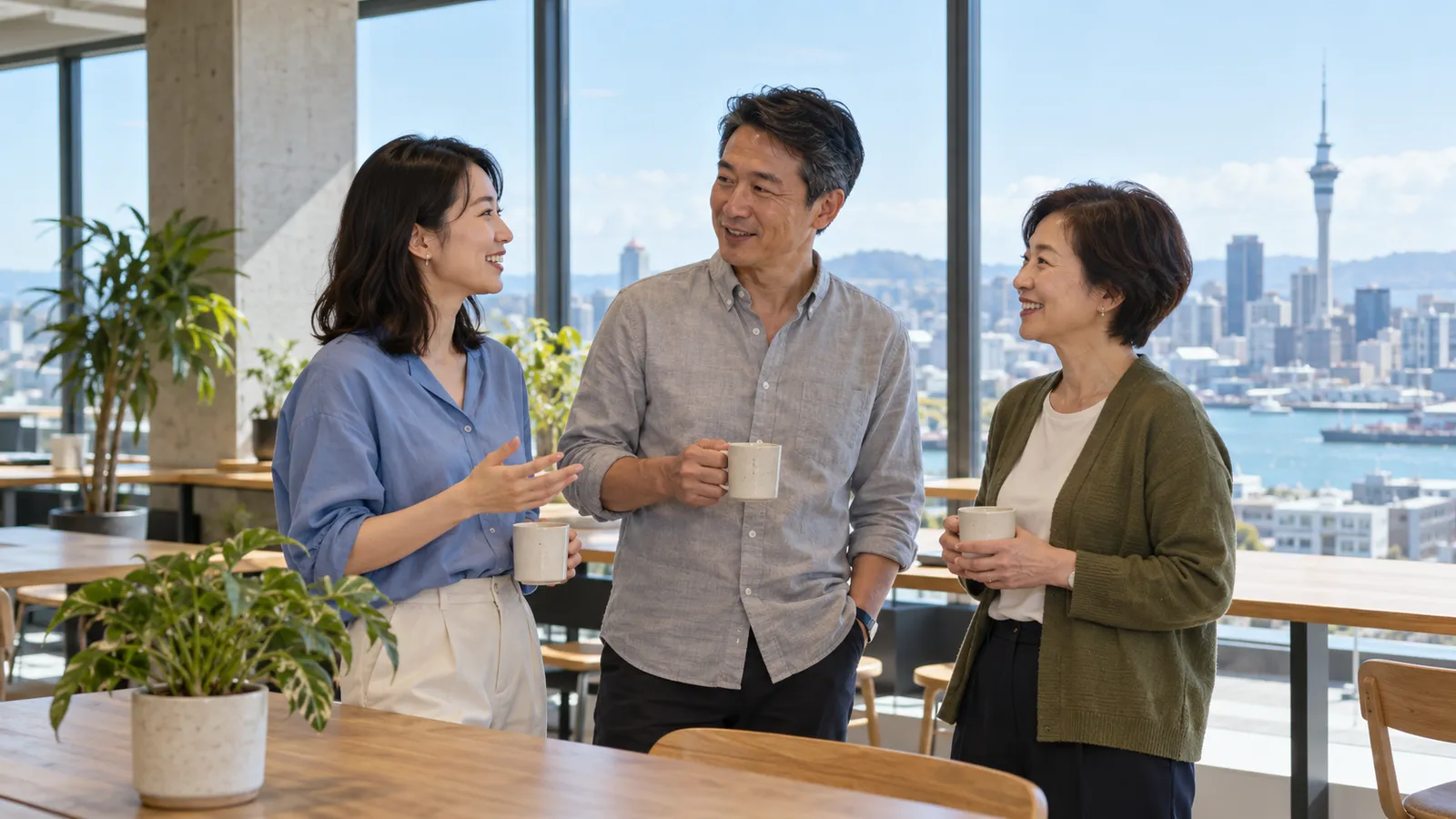 オークランドの街と港を望む明るいオフィスで、和やかに話す日本人の男女三人。