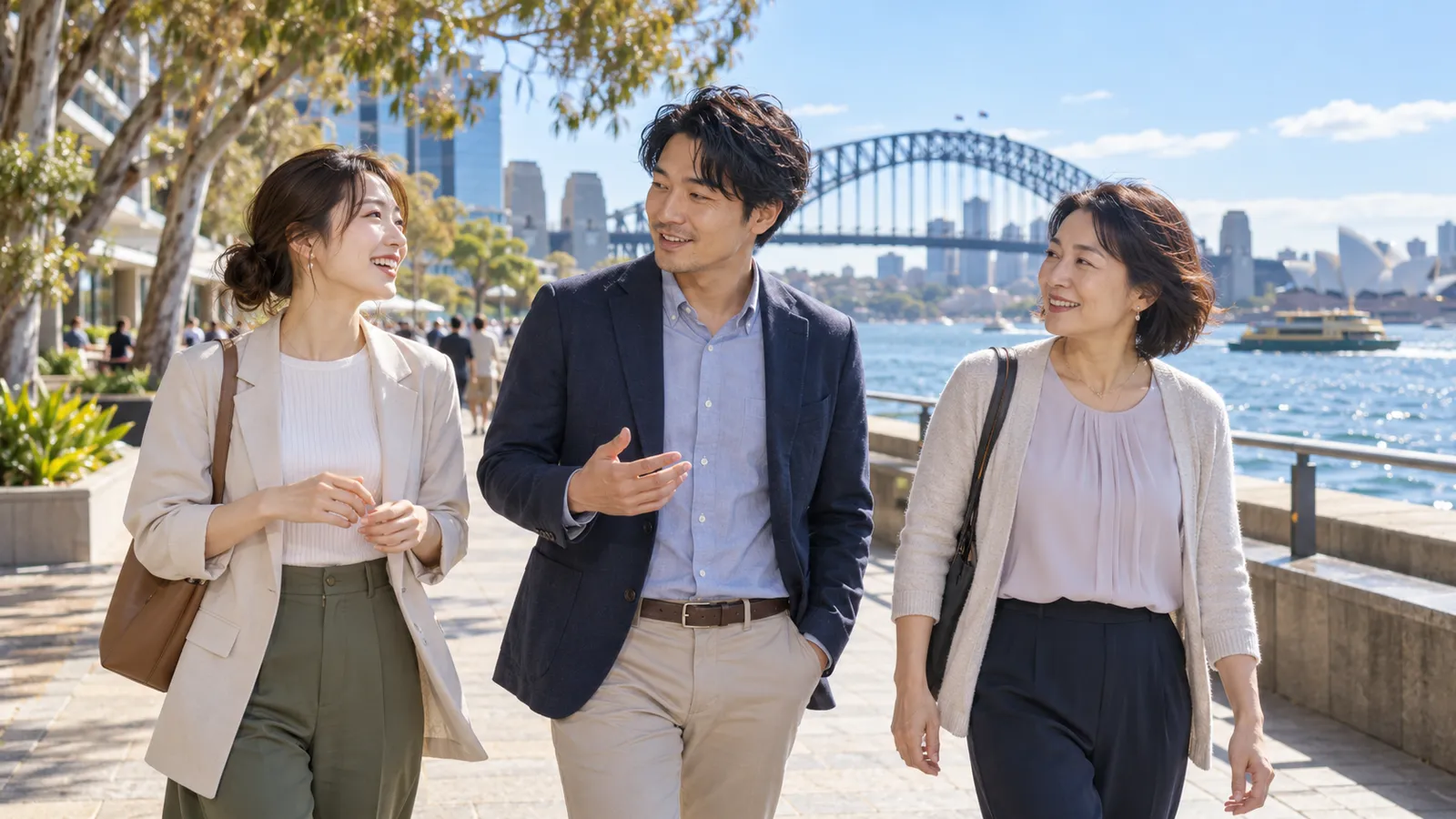 シドニーのハーバーブリッジを背景に、笑顔で会話しながら海沿いを歩く日本人の男女三人。