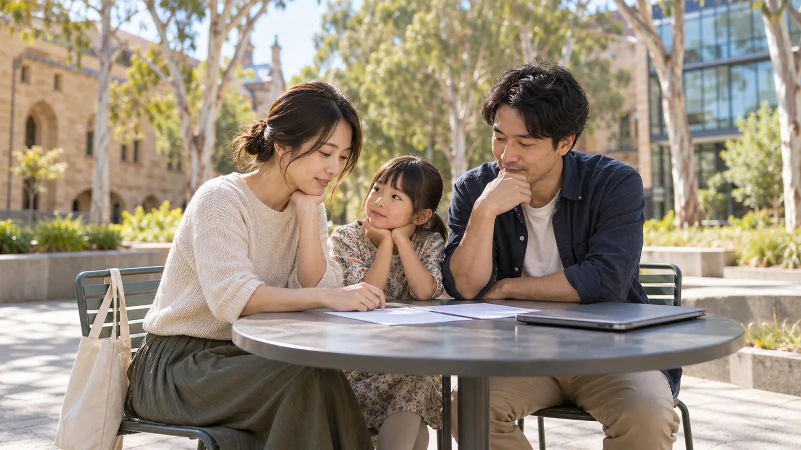 オーストラリアの大学の中庭で、書類を囲んで相談する日本人の両親と子ども。