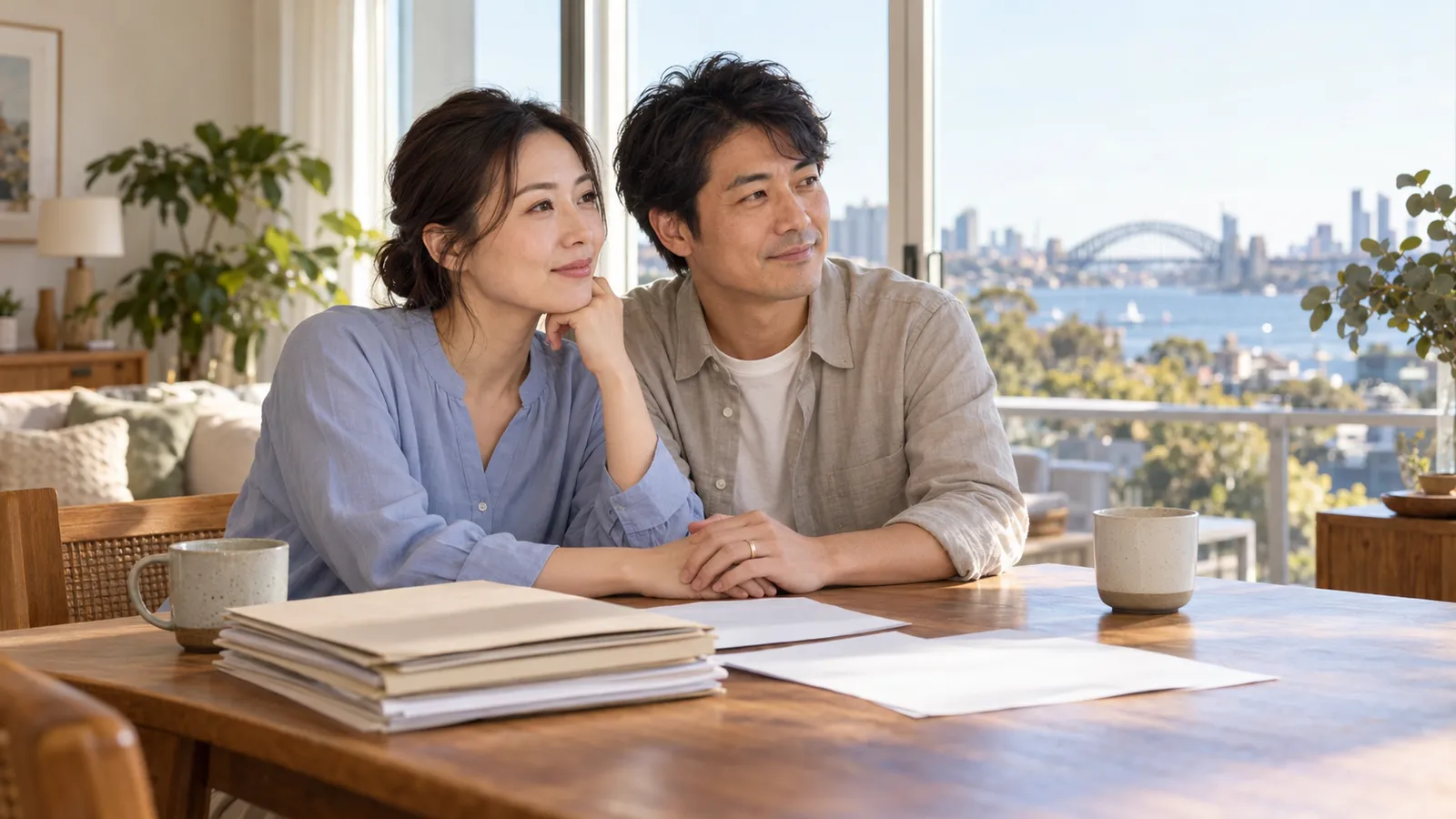 シドニーの港を望む明るい自宅で、書類を前に手を重ねる日本人夫婦。