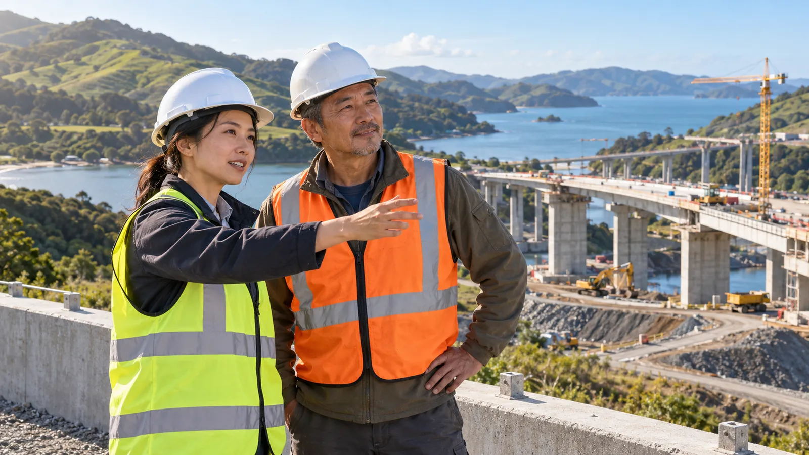 ニュージーランドの海沿いの橋梁建設現場で、工事の様子を確認する日本人の男女。